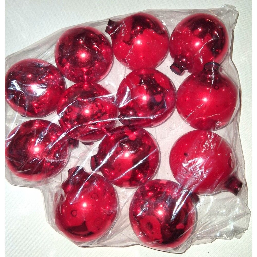 Vintage Hand-Blown Bright Red Glass Ornaments 2.5" Set Of 12 Without Toppers Shi